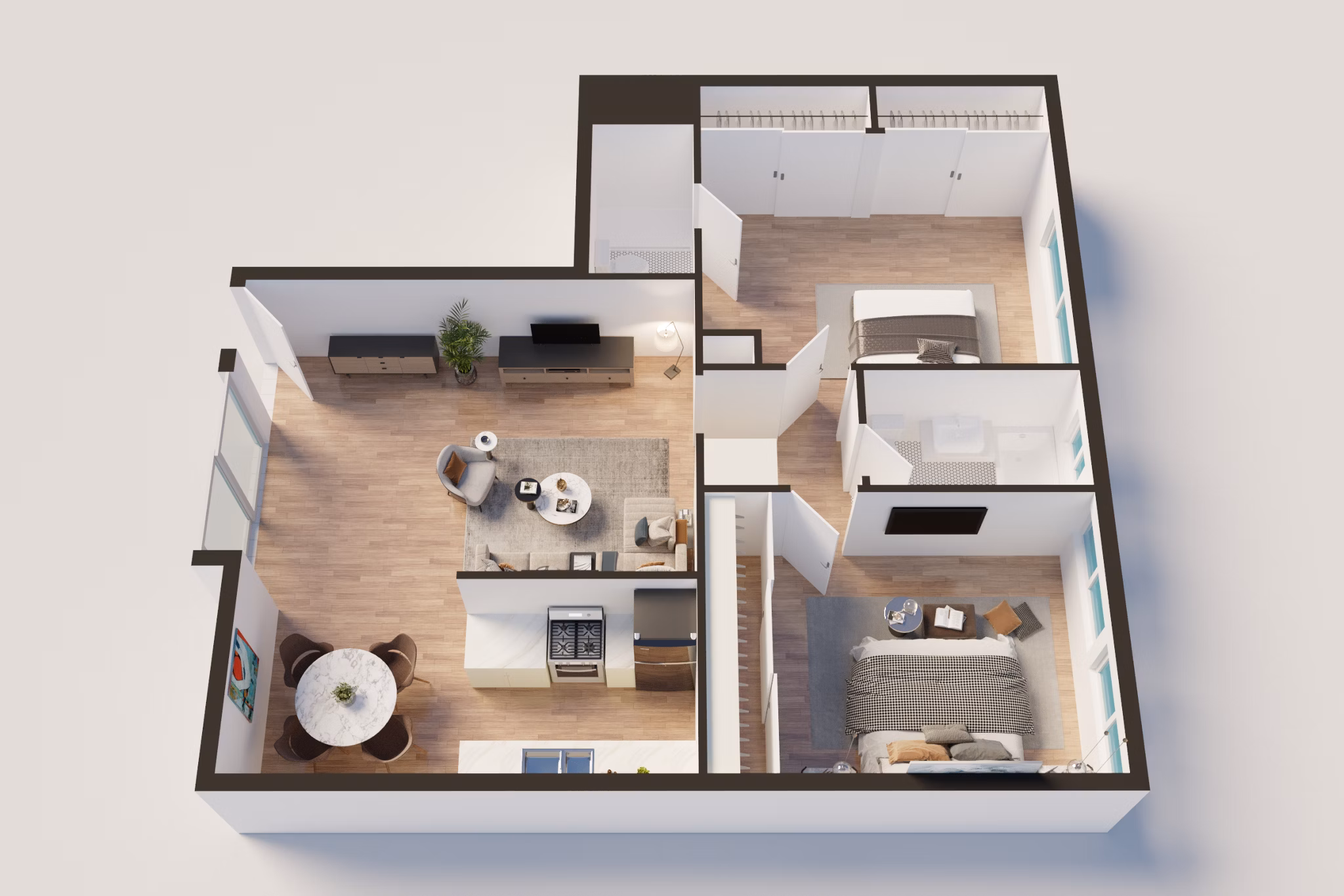 2 bedroom floor plan at Pacific Rose Apartments